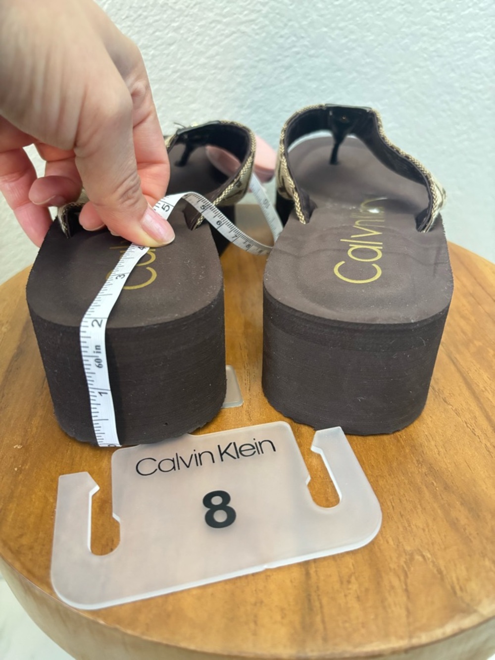 Calvin Klein Brown Logo Canvas Wedge Thong flip flop Sandals platform NWT - Picture 11 of 12